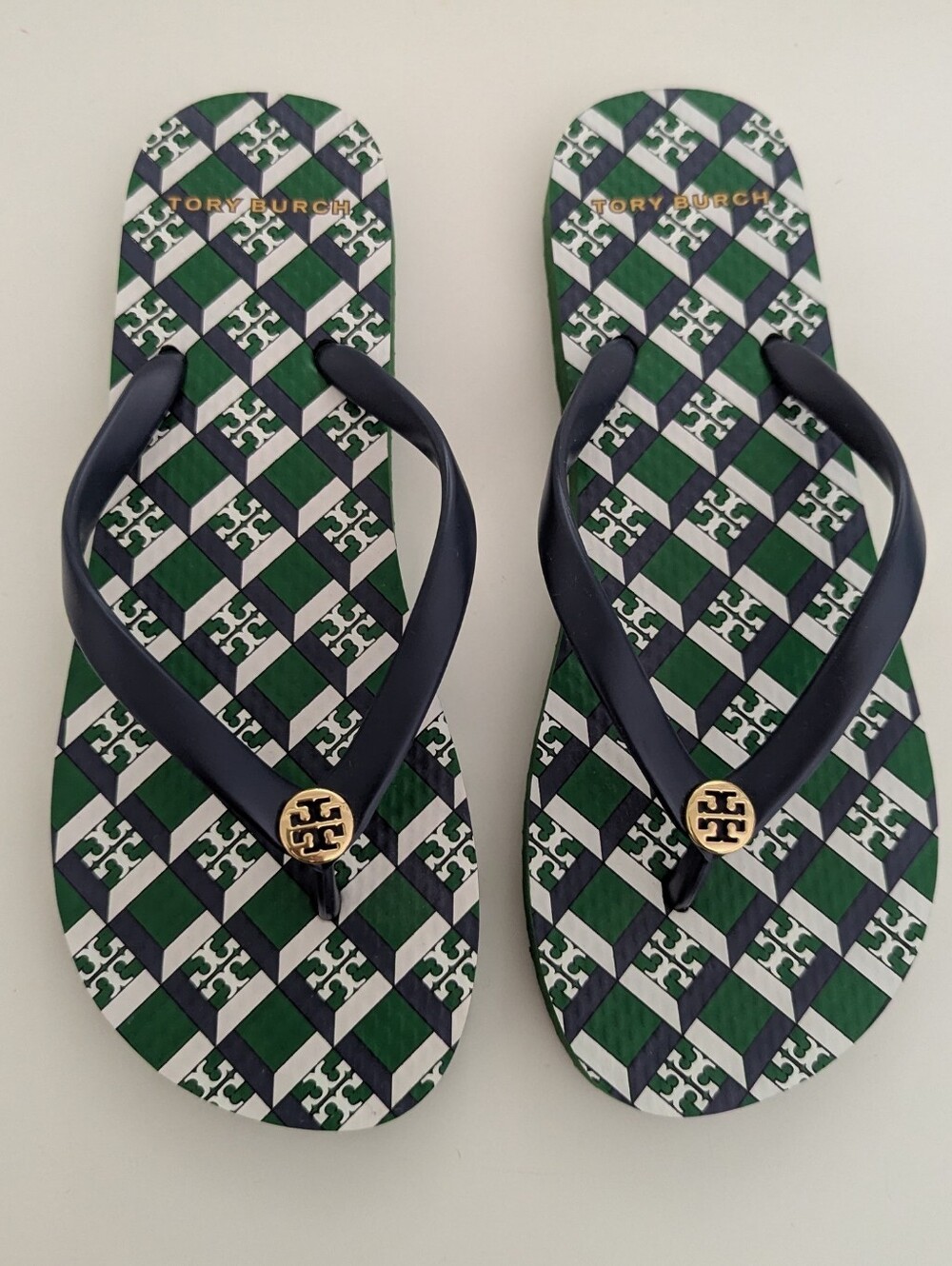 NWOT! Tory Burch Geo Allover Monogram Flip Flop Sandal In Green/Blue 6